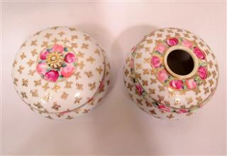 ANTIQUE PORCELAIN HAIR RECEIVER POWDER BOX VANITY SET MORIMURA NIPPON PINK ROSES